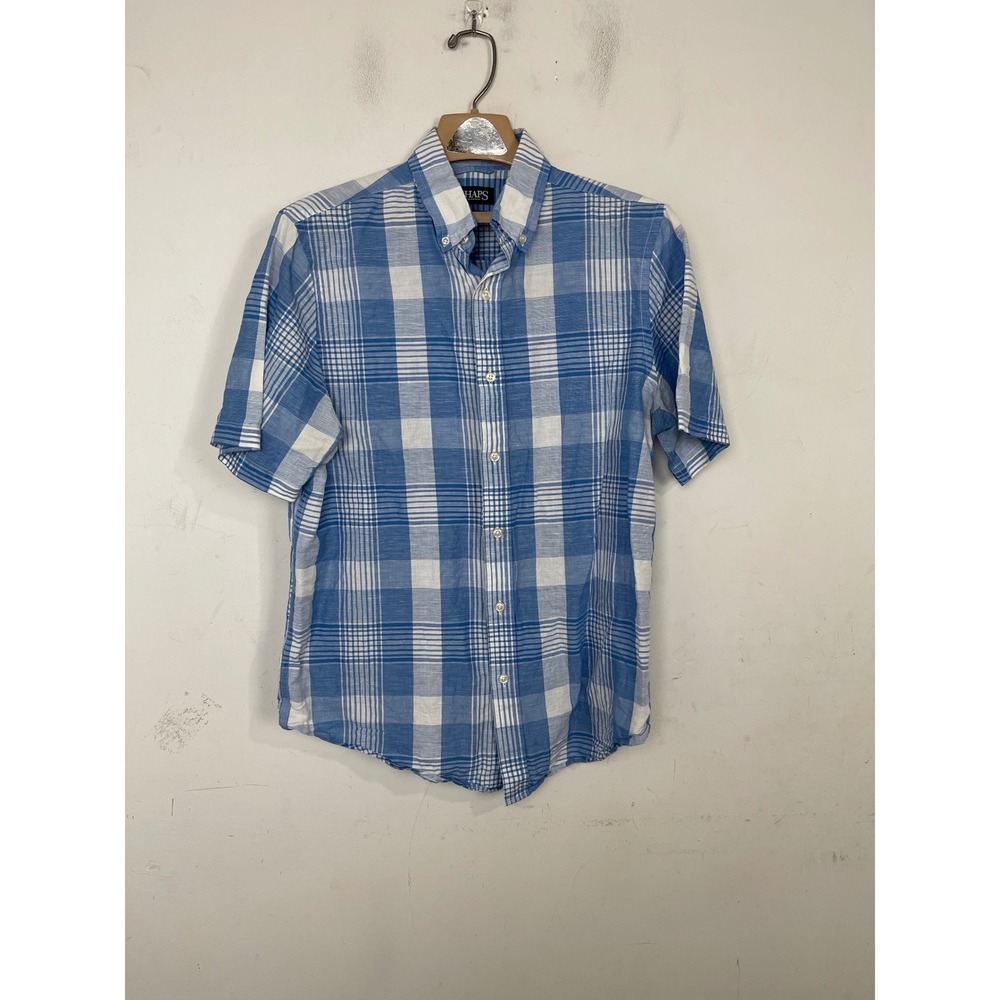 Chaps Mens Blue White Plaid Linen Cotton Short Sleeve Button Down Shirt Medium